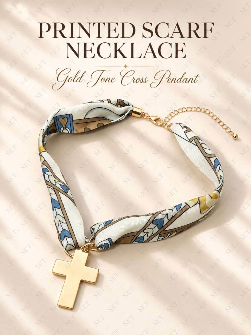 Printed Fabric Scarf Necklace with Gold Tone Cross Pendant